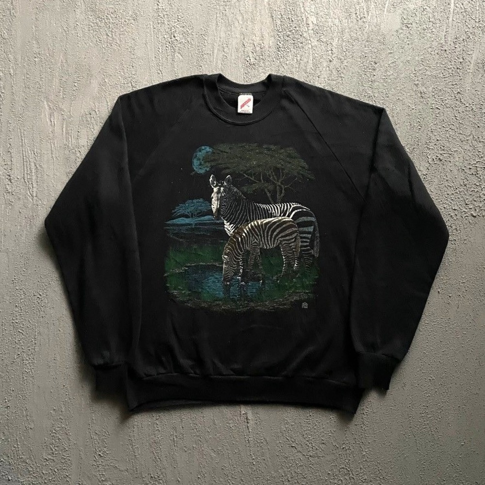 Vintage Zebra Animal Graphic Sweatshirt Men XL Black 90s Jerzees